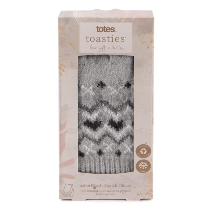totes Ladies Stretch Knitted SmarTouch Gloves Grey Fair Isle Extra Image 3